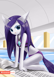 Size: 1200x1688 | Tagged: safe, artist:howxu, rarity, anthro, plantigrade anthro, unicorn, adorasexy, belly button, bikini, clothes, cute, eyeshadow, female, floppy ears, looking at you, makeup, midriff, sexy, solo, swimsuit, wet, wet mane, wet mane rarity