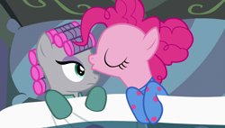Size: 1920x1090 | Tagged: safe, screencap, maud pie, pinkie pie, pony, rock solid friendship, clothes, forehead kiss, hair curlers, kissing, pajamas, platonic kiss, sisterly love