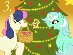 Size: 800x600 | Tagged: safe, artist:mod-named-carot, bon bon, lyra heartstrings, sweetie drops, basket, candy, candy cane, christmas, christmas tree, food, tree