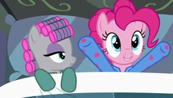 Size: 1920x1090 | Tagged: safe, screencap, maud pie, pinkie pie, pony, rock solid friendship, bed, clothes, hair curlers, pajamas