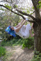 Size: 3072x4608 | Tagged: safe, artist:everage, artist:shelle-chii, dj pon-3, vinyl scratch, human, barefoot, cosplay, feet, hanging, irl, irl human, photo, solo, upside down