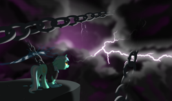 Size: 3570x2096 | Tagged: safe, artist:assarak, lyra heartstrings, fanfic:background pony, chains, clothes, fanfic art, hoodie, lightning, solo, unsung realm