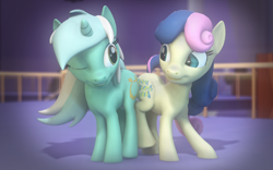 Size: 1680x1050 | Tagged: safe, artist:wallyreloaded, bon bon, lyra heartstrings, sweetie drops, earth pony, pony, unicorn, 3d, butt bump, butt to butt, butt touch, female, lesbian, lyrabon, mare, shipping