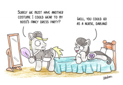 Size: 1024x709 | Tagged: safe, artist:bobthedalek, oc, oc:mixed melody, oc:octavia's father, oc:octavia's mother, oc:ostinato melody, earth pony, pony, bed, bedroom, clothes, comic, costume, crossdressing, duo, female, maid, male, mirror, pillow