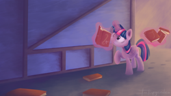 Size: 5120x2880 | Tagged: safe, artist:inkygarden, derpibooru import, twilight sparkle, twilight sparkle (alicorn), alicorn, pony, book, book trail, female, hilarious in hindsight, its a trap!, magic, mare, raised hoof, reading, solo, telekinesis, that pony sure does love books, this will end in tears, trap (device)