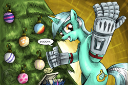 Size: 1500x1000 | Tagged: safe, artist:saturdaymorningproj, lyra heartstrings, army of darkness, ash williams, bionic arm, christmas, christmas tree, enhance, evil dead, groovy, hand, hearth's warming eve, lyra's humans, mechanical hands, reference, solo, that pony sure does love hands, tree