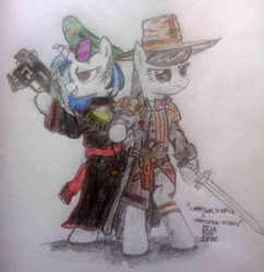 Size: 1024x1056 | Tagged: safe, artist:blueboxdave, dj pon-3, octavia melody, vinyl scratch, earth pony, pony, bipedal, bolter, commissar, female, giant hat, hat, imperial guard, inquisition, inquisitor, lesbian, power sword, scratchtavia, shipping, traditional art, warhammer (game), warhammer 40k