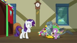 Size: 1920x1080 | Tagged: safe, screencap, gabby, rarity, spike, dragon, griffon, pony, unicorn, dragon dropped, box, comic book, food, gem, ice cream, winged spike