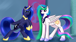 Size: 3840x2160 | Tagged: safe, artist:renarde-louve, princess celestia, princess luna, alicorn, pony, :p, ;p, accessory swap, horn, one eye closed, rearing, royal sisters, silly, tongue out, wings, wink