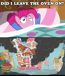 Size: 600x693 | Tagged: safe, edit, edited screencap, screencap, pinkie pie, pony, rock solid friendship, footed sleeper, smoke, solo, sugarcube corner