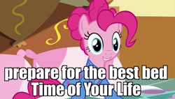 Size: 1920x1090 | Tagged: safe, edit, edited screencap, screencap, pinkie pie, pony, rock solid friendship, clothes, footed sleeper, image macro, meme, pajamas, solo