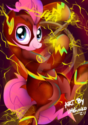 Size: 1024x1453 | Tagged: safe, artist:kumikoponylk, pinkie pie, pony, crossover, lightning, smiling, solo, the flash, watermark