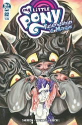 Size: 1054x1600 | Tagged: safe, artist:sararichard, idw, rarity, cerberus, pony, unicorn, spoiler:comic, spoiler:comic82, cover, licking, multiple heads, official, three heads, tongue out