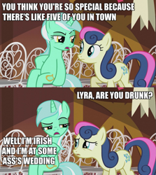 Size: 891x1000 | Tagged: safe, screencap, bon bon, lyra heartstrings, sweetie drops, slice of life (episode), drunk, image macro, irish, meme