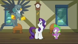 Size: 1920x1080 | Tagged: safe, screencap, gabby, rarity, spike, dragon, pony, unicorn, dragon dropped, gem, saddle bag, winged spike