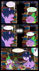 Size: 667x1198 | Tagged: safe, artist:bigsnusnu, dusk shine, princess celestia, spike, twilight sparkle, alicorn, dragon, pony, unicorn, comic:dusk shine in pursuit of happiness, book, book fort, caught, comic, dialogue, glowing eyes, rule 63, silhouette, this will end in death, this will end in tears and/or death, trollestia, two kids gon' die tonight, unicorn dusk shine