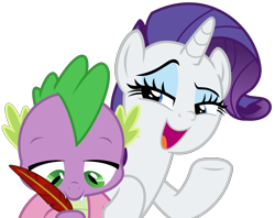 Size: 3625x2875 | Tagged: safe, artist:sketchmcreations, rarity, spike, dragon, pony, unicorn, dragon dropped, blanket, female, hoof on shoulder, looking down, male, mare, open mouth, quill, raised eyebrow, raised hoof, simple background, transparent background, vector