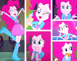 Size: 500x400 | Tagged: safe, edit, edited screencap, screencap, pinkie pie, equestria girls, rainbow rocks, clothes, collage, cookie, cup, cute, diapinkes, drum kit, drums, eyes closed, female, food, musical instrument, one eye closed, raised leg, solo, straw