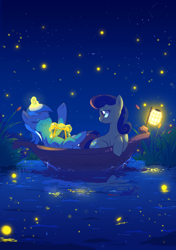 Size: 1100x1561 | Tagged: safe, artist:kelsea-chan, bon bon, lyra heartstrings, sweetie drops, firefly (insect), bedroom eyes, boat, female, glow, glowing horn, lantern, lesbian, lyrabon, lyre, magic, night, raised hoof, romantic, shipping, telekinesis, water