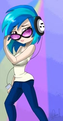 Size: 644x1240 | Tagged: safe, artist:zorbitas, dj pon-3, vinyl scratch, human, headphones, humanized, light skin, mp3 player, solo