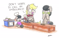 Size: 2219x1422 | Tagged: safe, artist:bobthedalek, octavia melody, oc, oc:mixed melody, oc:octavia's father, oc:octavia's mother, oc:ostinato melody, earth pony, pony, baked bads, bow, bowtie, chef's hat, clothes, cooking, dress, filly, hair bow, hat, mouth hold, nausea, oven, pan, phone, spatula, table, younger