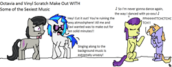 Size: 1343x519 | Tagged: safe, artist:fifthcru5ader, dj pon-3, octavia melody, symphony, vinyl scratch, earth pony, pony, ballad, blushing, careless whisper (song), female, laughing, lesbian, scratchtavia, shipping, singing