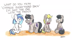 Size: 2337x1296 | Tagged: safe, artist:bobthedalek, dj pon-3, octavia melody, vinyl scratch, oc, oc:mixed melody, oc:octavia's father, oc:octavia's mother, oc:ostinato melody, earth pony, pony, unicorn, backwards cutie mark, race swap, rule 63, unamused