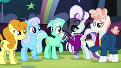 Size: 1280x720 | Tagged: safe, screencap, carrot top, coloratura, golden harvest, linky, lyra heartstrings, shoeshine, svengallop, the mane attraction, countess coloratura, hoofsies