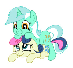 Size: 649x600 | Tagged: safe, artist:squipycheetah, bon bon, lyra heartstrings, sweetie drops, earth pony, pony, unicorn, adorabon, cute, eye contact, female, filly, floppy ears, foal, looking at each other, lyrabetes, pony pile, simple background, smiling, white background, younger