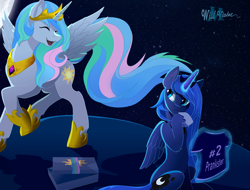 Size: 1500x1138 | Tagged: safe, artist:wildviolet-m, princess celestia, princess luna, alicorn, pony, clothes, female, frown, magic, mare, present, shirt, sisters, smiling