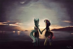 Size: 1500x1012 | Tagged: safe, artist:sunbusting, bon bon, lyra heartstrings, sweetie drops, pony, semi-anthro, bipedal, female, holding hooves, lesbian, lyrabon, painting, scenery, shipping