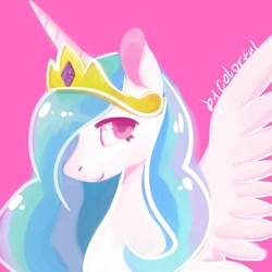 Size: 1000x1000 | Tagged: safe, artist:colorfulcolor233, princess celestia, alicorn, pony, crown, female, jewelry, looking at you, mare, pink background, regalia, signature, simple background, smiling, solo, wings