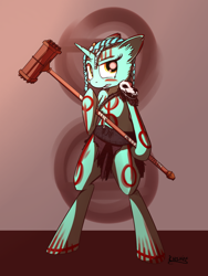 Size: 900x1200 | Tagged: safe, artist:cheshiresdesires, lyra heartstrings, pony, semi-anthro, unicorn, alternate hairstyle, bipedal, bodypaint, clothes, face paint, gritted teeth, loincloth, solo, tribal, war hammer, weapon