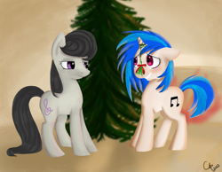 Size: 3000x2333 | Tagged: safe, artist:snugbunny, dj pon-3, octavia melody, vinyl scratch, earth pony, pony, blushing, christmas, christmas tree, female, floppy ears, frown, grin, lesbian, mistletoe, scratchtavia, shipping, shipping denied, smiling, tree, unamused