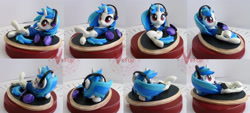 Size: 3282x1490 | Tagged: safe, artist:viistar, dj pon-3, vinyl scratch, pony, clay, clothes, cute, female, figurine, headphones, mare, mp3 player, on back, solo, sweater, vinylbetes