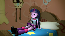 Size: 900x506 | Tagged: safe, artist:camtwosix, artist:creatorofpony, derpibooru import, twilight sparkle, equestria girls, 3d, 3d model, bed, bedroom eyes, boots, clothes, legs, shirt, skirt, solo, source filmmaker