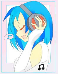 Size: 469x595 | Tagged: safe, artist:mitsunyandesu, dj pon-3, vinyl scratch, human, eyes closed, headphones, humanized, open mouth, solo