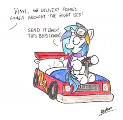 Size: 1506x1468 | Tagged: safe, artist:bobthedalek, dj pon-3, vinyl scratch, pony, unicorn, backwards cutie mark, bed, clothes, female, goggles, race car bed, racecar, scarf, solo