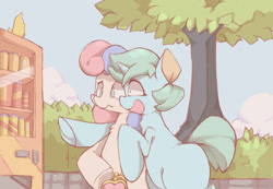 Size: 2125x1474 | Tagged: safe, artist:asprin white rabbit, bon bon, lyra heartstrings, sweetie drops, earth pony, pony, unicorn, chest fluff, open mouth, pointing, purse, shrunken pupils, smiling, underhoof, vending machine, wavy mouth