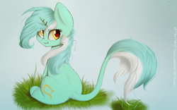 Size: 2529x1581 | Tagged: safe, artist:apostolllll, lyra heartstrings, classical unicorn, :i, fluffy, leonine tail, looking back, sitting, solo, unshorn fetlocks