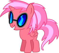 Size: 1024x921 | Tagged: safe, artist:creshosk, dj pon-3, vinyl scratch, oc, oc only, oc:cherry bloom, alicorn, pony, alicorn oc, alternate hairstyle, female, filly, foal, hooves, horn, simple background, smiling, solo, sunglasses, teeth, transparent background, vector, wings, xk-class end-of-the-world scenario