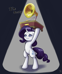 Size: 1258x1500 | Tagged: safe, artist:the-park, rarity, pony, unicorn, dragon dropped, bipedal, female, gramophone, i'm sorry, mare, marshmelodrama, say anything, simple background, solo, teary eyes