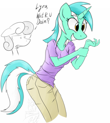 Size: 1800x2000 | Tagged: safe, artist:theimmolatedpoet, bon bon, lyra heartstrings, sweetie drops, anthro, hand, lyra's humans, partial color, simple background, that pony sure does love hands, white background