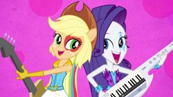 Size: 1280x720 | Tagged: safe, screencap, applejack, rarity, equestria girls, rainbow rocks, shake your tail