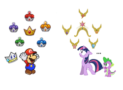 Size: 1868x1368 | Tagged: safe, derpibooru import, spike, twilight sparkle, dragon, big crown thingy, comparison, crossover, crown, element of generosity, element of kindness, element of laughter, element of loyalty, element of magic, elements of harmony, jewelry, kersti, mario, necklace, nintendo, paper mario, paper mario: sticker star, royal stickers, super mario bros.