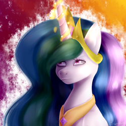 Size: 5000x5000 | Tagged: safe, artist:spotdog46, princess celestia, alicorn, pony, abstract background, absurd resolution, bust, crown, female, glowing horn, horn, lightly watermarked, magic, magic aura, mare, peytral, regalia, solo, watermark