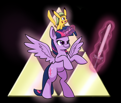 Size: 1700x1450 | Tagged: safe, artist:heir-of-rick, derpibooru import, twilight sparkle, twilight sparkle (alicorn), alicorn, pikachu, pony, bipedal, crossover, female, link, magic, mare, master sword, pokémon, telekinesis, the legend of zelda