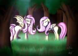 Size: 1280x930 | Tagged: safe, artist:blinkingpink, fluttershy, bat pony, pony, dark, evil, flutterbat, forest, race swap