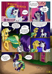 Size: 5504x7800 | Tagged: safe, artist:gogglespizano, applejack, rarity, earth pony, pony, unicorn, absurd resolution, alternate hairstyle, clothes, comic, dress, female, kissing, lesbian, mare, rarijack, shipping