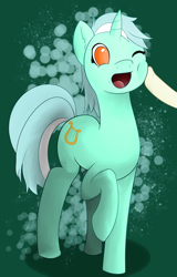 Size: 1600x2500 | Tagged: safe, artist:gelk-o, bon bon, lyra heartstrings, sweetie drops, pony, unicorn, boop, cute, ear fluff, green background, hooves, lyrabetes, no pupils, offscreen character, one eye closed, open mouth, raised hoof, shadow, simple background, smiling, solo focus